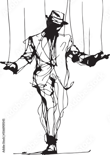 Black-and-white continuous line art of a puppeteer, abstract and elegant