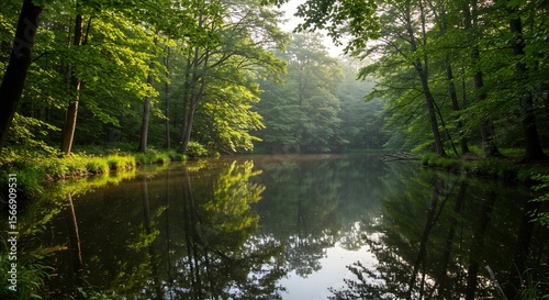 Serene Forest Lake Reflection: Lush Green Canopy and Tranquil Waterscape