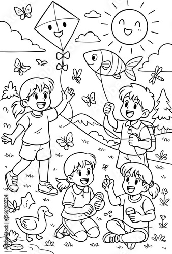Coloring page children flying kites playing with butterflies feeding duck sitting on grass happy sunny day joyful outdoor scene
