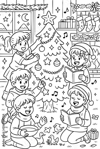 Coloring page children decorating Christmas tree singing carols wearing hats scarves gifts fireplace stockings festive joyful winter night
