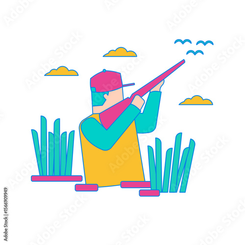 Hunter aiming shotgun at birds in grassy field isolated on transparent background