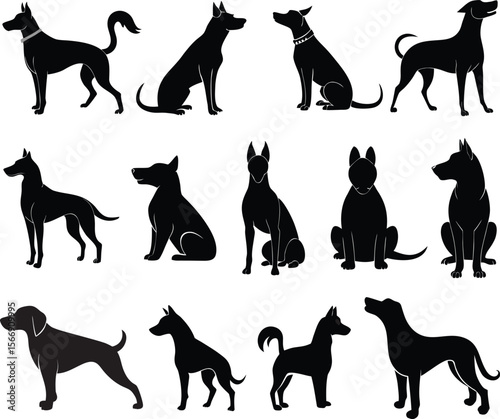 Dogs silhouettes Set of dog silhouette vector Dogs and puppies in different poses Hand drawn pet animals
