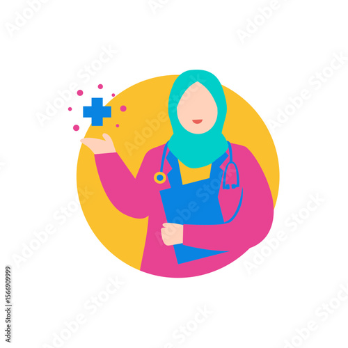 Female muslim doctor wearing hijab holding clipboard and stethoscope isolated on transparent background