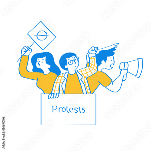 Diverse group of people protesting with signs and megaphone isolated on transparent background