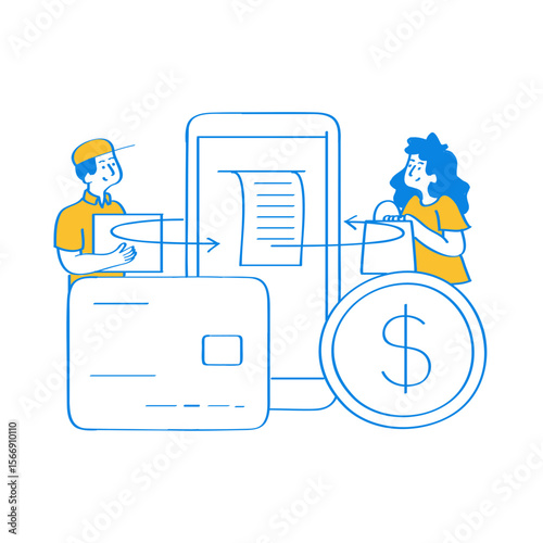 Delivery person and customer exchange goods and payment via mobile phone and credit card isolated on transparent background