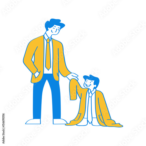 Tall businessman helps shorter businessman in yellow suit isolated on transparent background