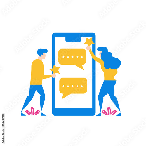 People giving five star ratings and feedback on a smartphone screen isolated on transparent background