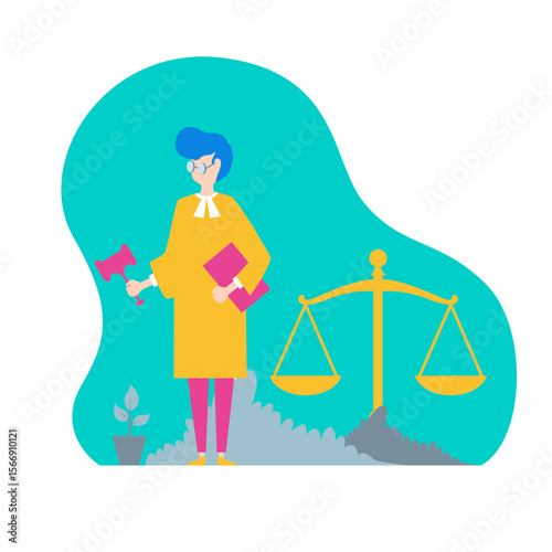 Cartoon judge with gavel and books next to scales of justice isolated on transparent background