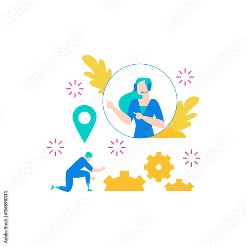 Customer service representative with headset and man working with gears isolated on transparent background