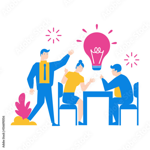 Team brainstorms and generates a bright idea with a lightbulb symbol isolated on transparent background