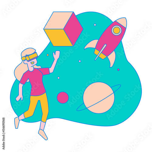 Woman wearing vr headset exploring virtual reality with spaceship and planets isolated on transparent background