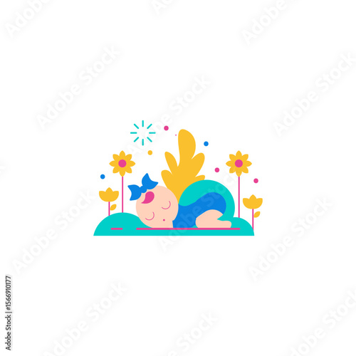 Cute baby sleeping peacefully in a colorful garden with flowers and leaves isolated on transparent background