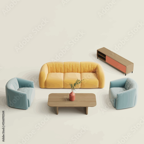 Modern living room furniture set with yellow sofa blue armchairs and coffee table