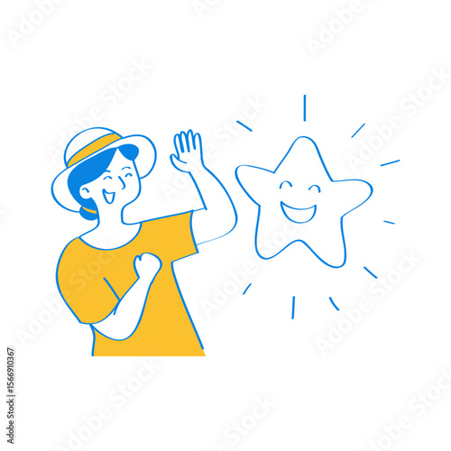 Happy person giving a high five to a smiling star isolated on transparent background