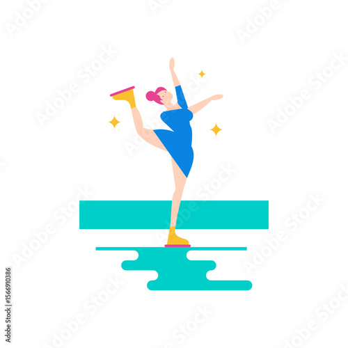 Female figure skater performing a graceful pose on ice isolated on transparent background