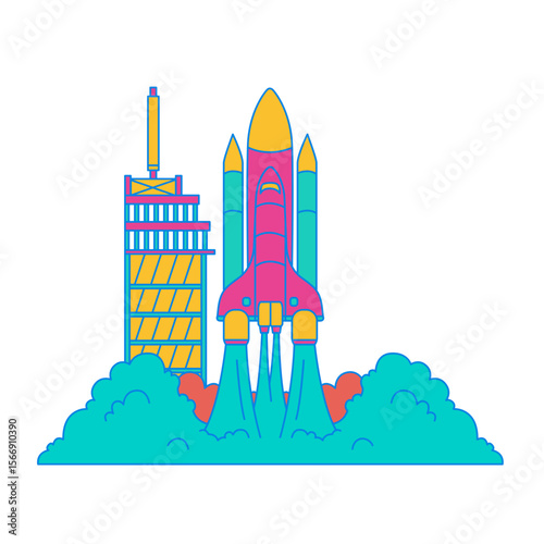 Colorful space shuttle launching from a platform with smoke isolated on transparent background