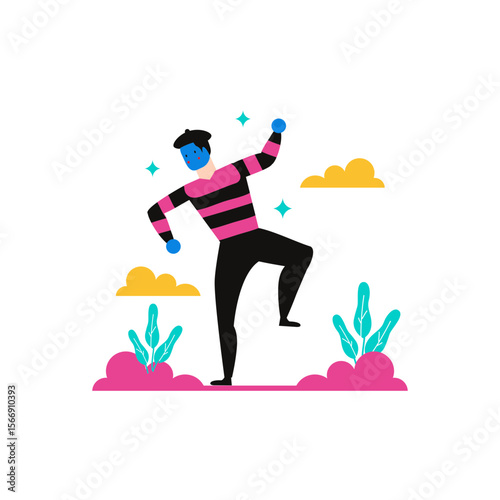 Stylized character with blue face and pink striped shirt dancing isolated on transparent background