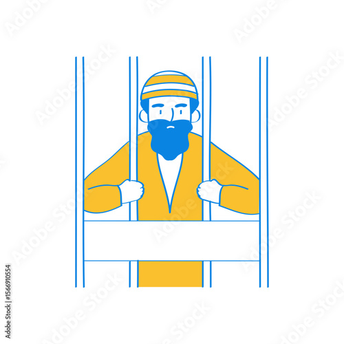 Man with beard and hat behind prison bars isolated on transparent background