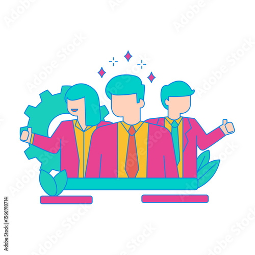 Teamwork success and collaboration with business professionals and gear isolated on transparent background