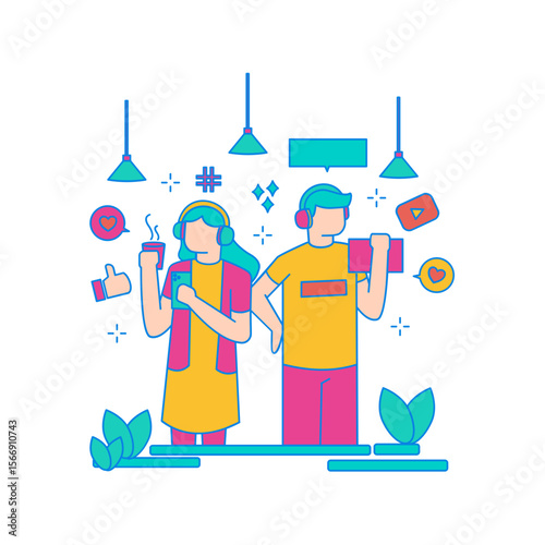 Young people enjoying digital content and social media with headphones isolated on transparent background