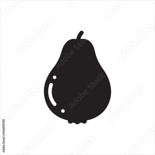Simple black silhouette of a pear with a stem and blossom end