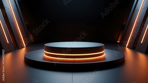 A sleek dark platform with orange neon lights is set against a dark background