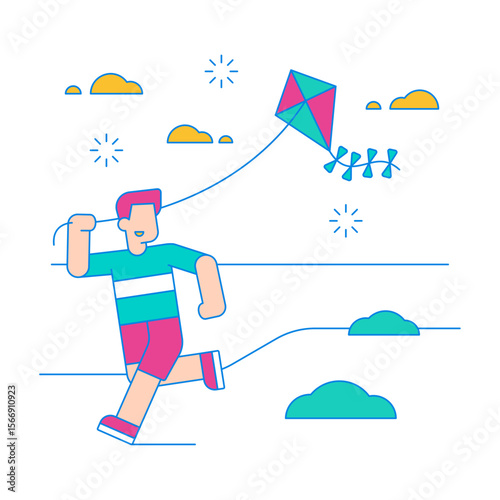 Young man joyfully running and flying a kite on a sunny day isolated on transparent background
