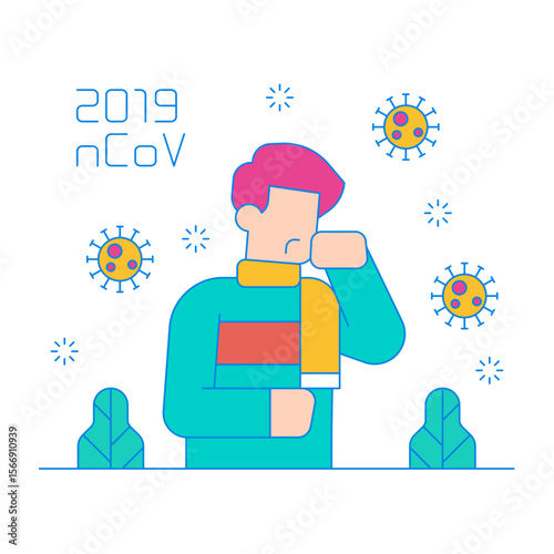 Man coughing with 2019 ncov virus illustration isolated on transparent background
