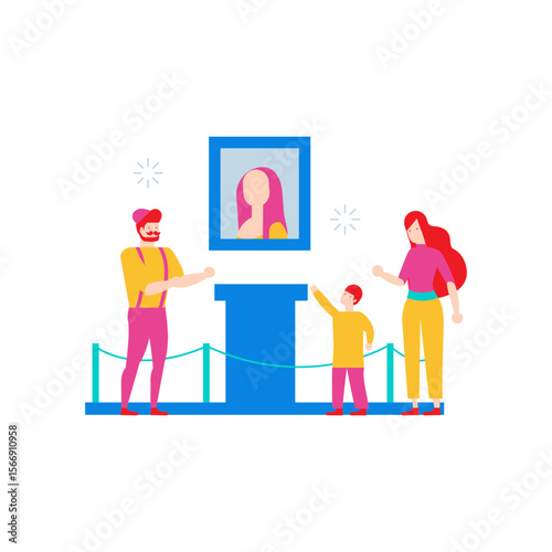 Family admiring a painting in an art gallery isolated on transparent background