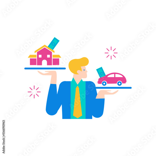 Man balancing a house and car with money on transparent background isolated on transparent background