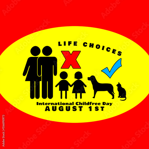International Childfree Day to celebrate on August 1st. Illustration of a married couple who prefer to keep pets rather than have children.