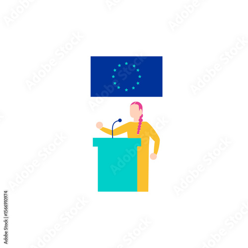 Woman speaking at podium with european union flag isolated on transparent background