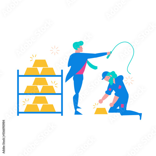 Man with whip overseeing worker collecting gold bars isolated on transparent background
