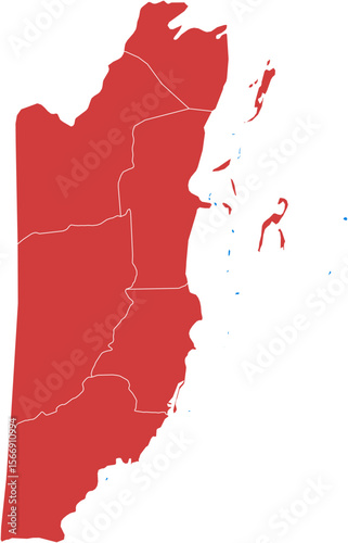 Map of belize showing administrative districts in red isolated on transparent background