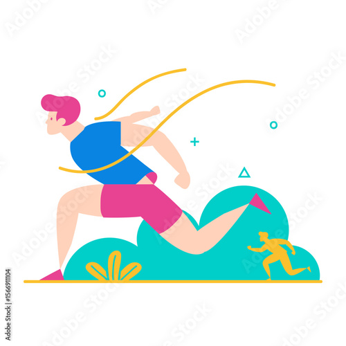 Dynamic illustration of a runner in motion with abstract elements isolated on transparent background