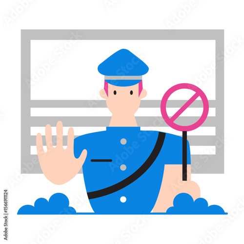 Security guard in uniform stops with hand and prohibition sign isolated on transparent background