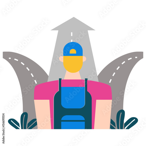 Man in overalls and cap stands at a crossroads with a road leading forward isolated on transparent background