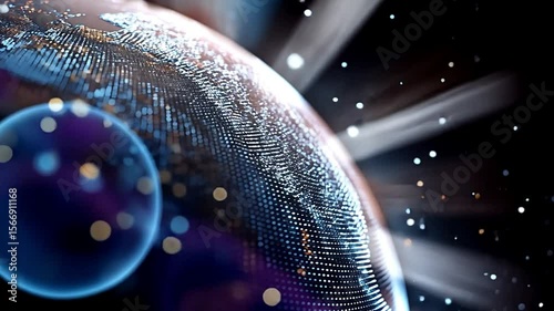 Digital globe with glowing particles and a blue sphere in a dark abstract background view