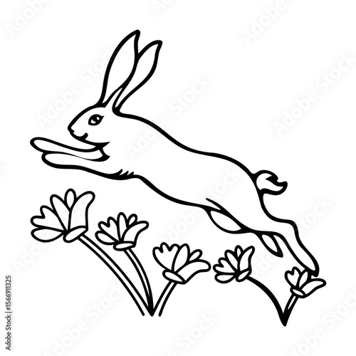Black and white line art illustration of a jumping rabbit and flowers