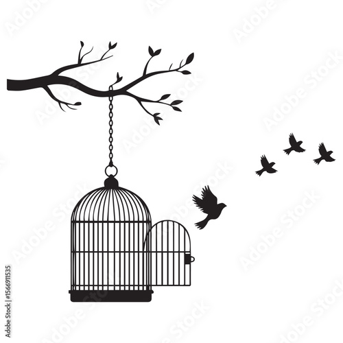 Birds fly away from an open birdcage isolated on white background
