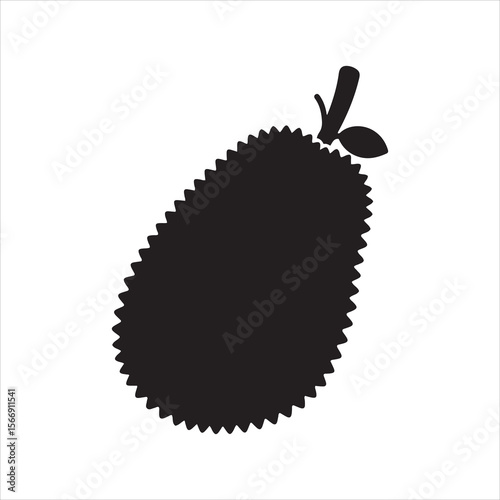 Simple black silhouette of a spiky durian fruit with a stem and leaf