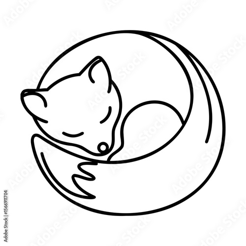 Black and white line art of a sleeping fox curled in a circle