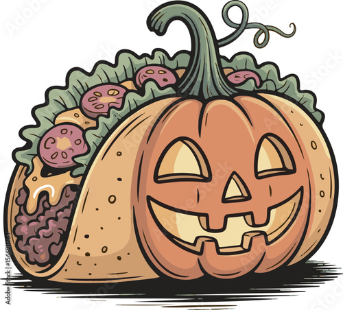 Halloween pumpkin taco with meat lettuce and tomato food illustration