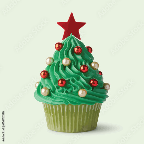 Festive christmas tree cupcake decorated with green frosting and ornaments