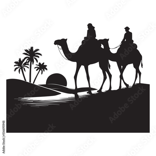 Silhouetted camels and riders traverse a desert landscape at sunset