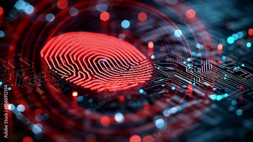 A close up of a red fingerprint on a circuit board with blue and red bokeh lights around it