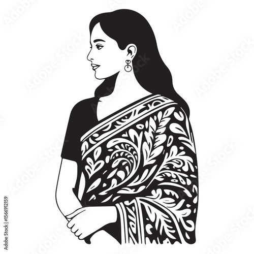 An elegant woman in a traditional sari isolated on white background