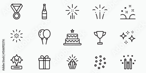A collection of celebration icons featuring a medal, champagne, cake, and party decorations