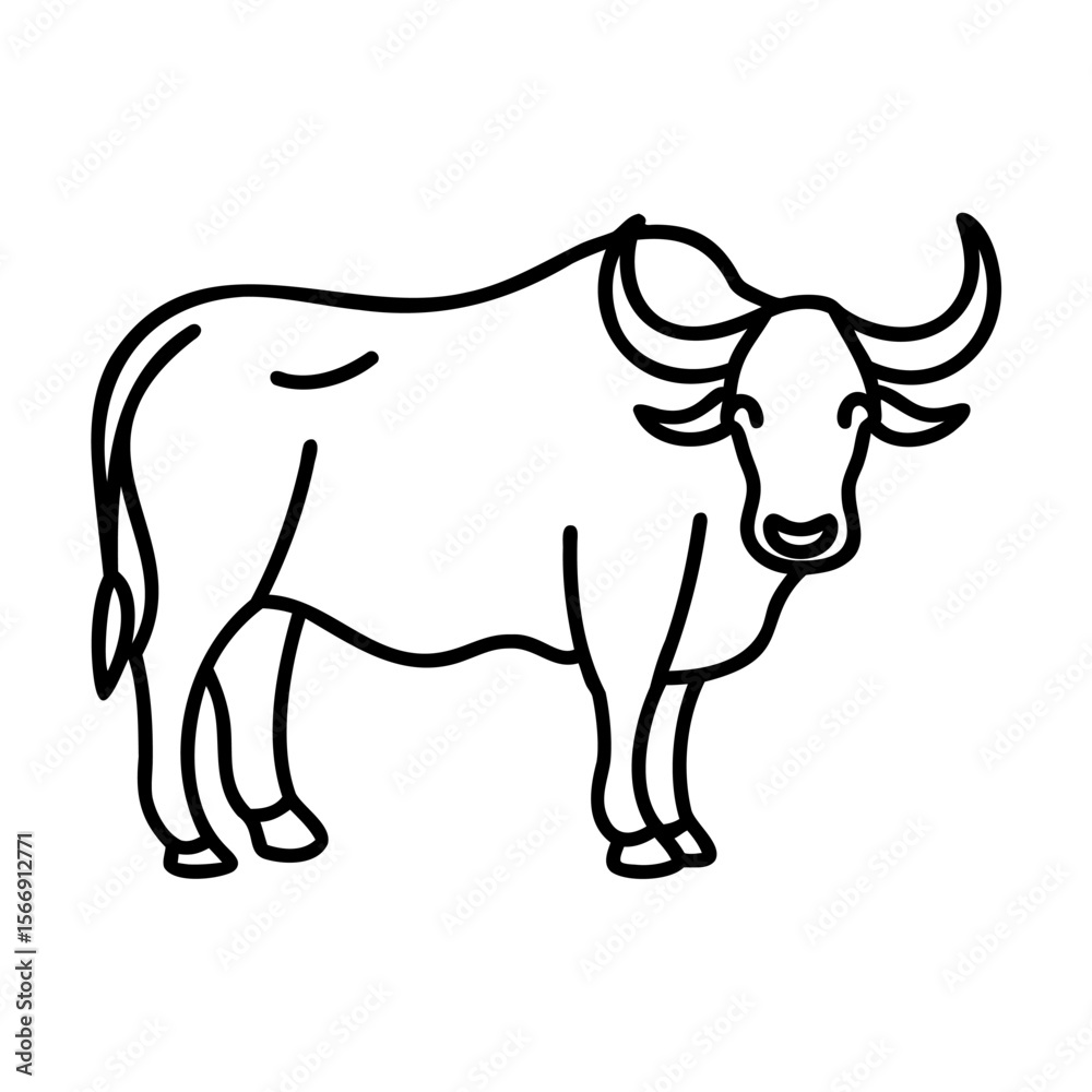 Fototapeta premium Black Line Art of a Bull Standing on White Background