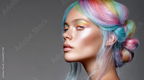 Woman with rainbow colored hair and makeup. She is looking at the camera. The image has a bright and colorful mood